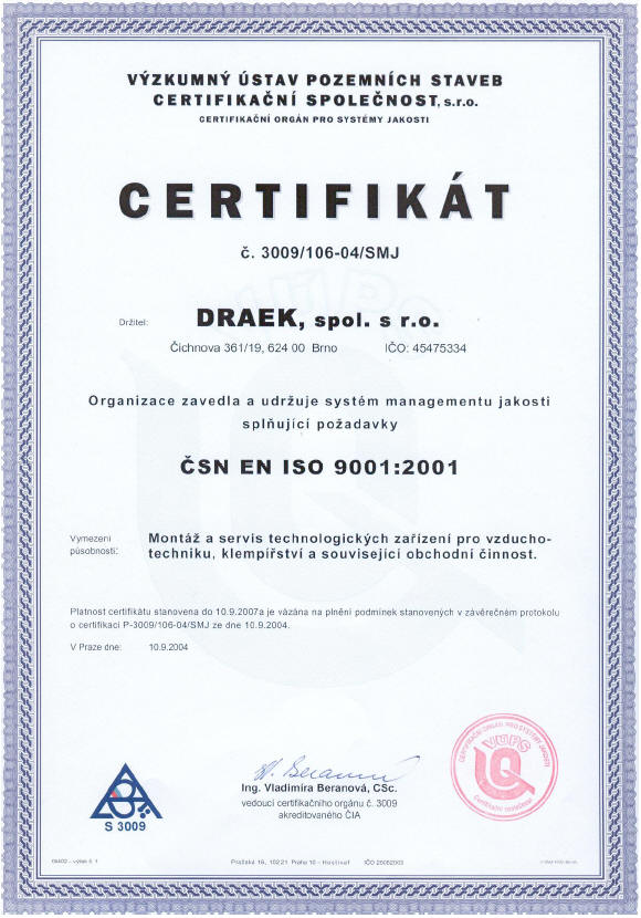 certifikát ČSN EN ISO 9001:2001